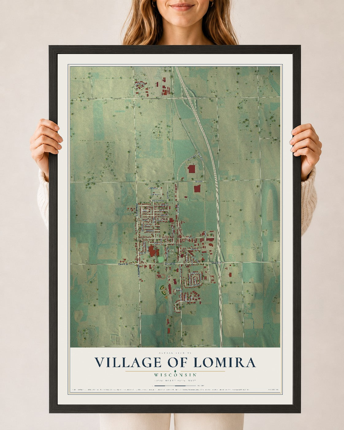 Map of Lomira, Wisconsin, 24 x 36 inch print in a black wood frame