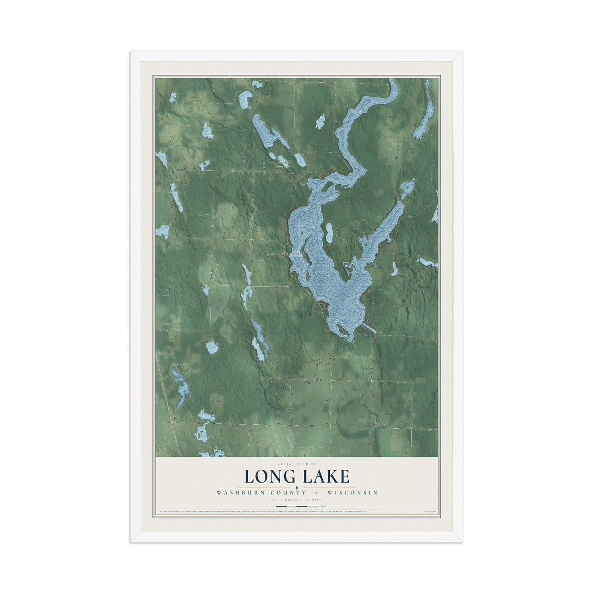 Map of Long Lake, Washburn County, Wisconsin, 12 x 18 inch print in a white wood frame