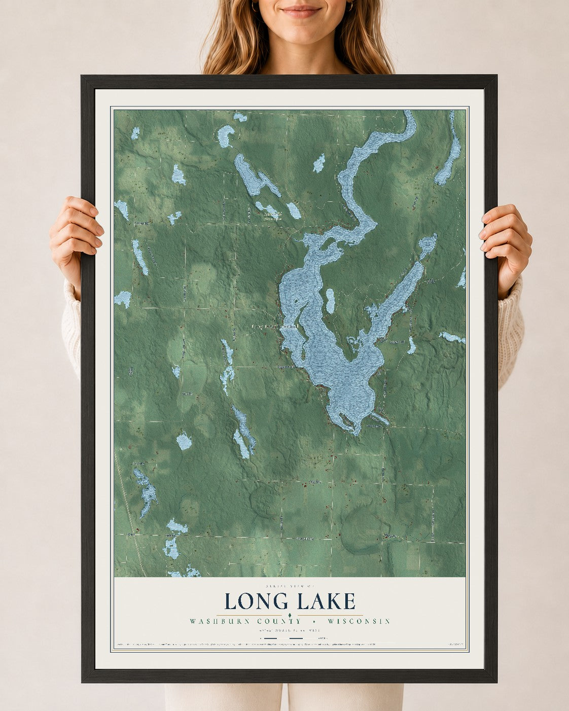 Map of Long Lake, Washburn County, Wisconsin, 24 x 36 inch print in a black wood frame