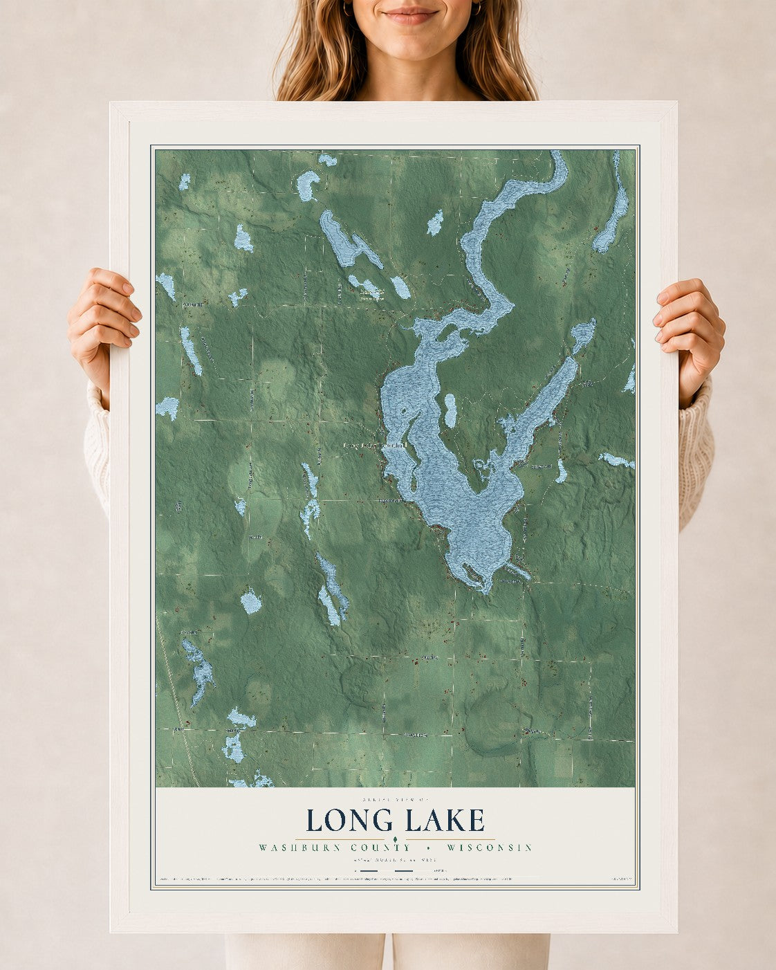 Map of Long Lake, Washburn County, Wisconsin, 24 x 36 inch print in a white wood frame