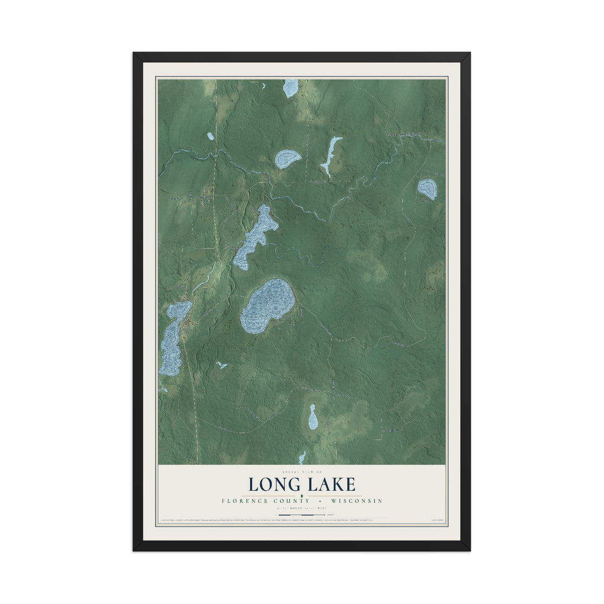 Map of Long Lake, Florence County, Wisconsin, 12 x 18 inch print in a black wood frame