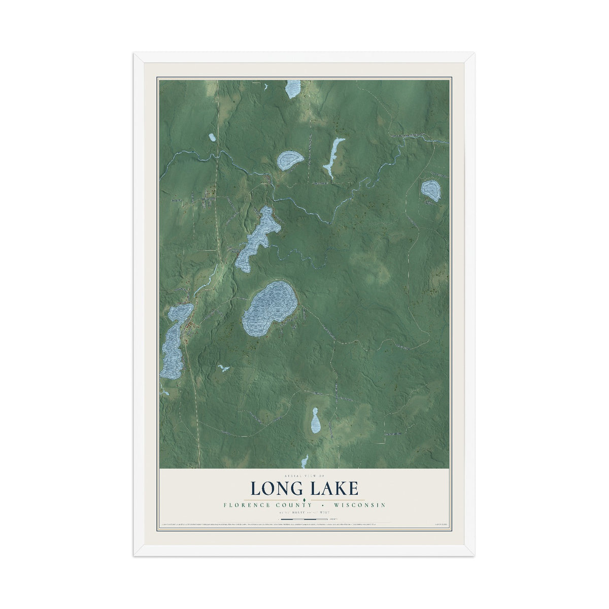 Map of Long Lake, Florence County, Wisconsin, 12 x 18 inch print in a white wood frame
