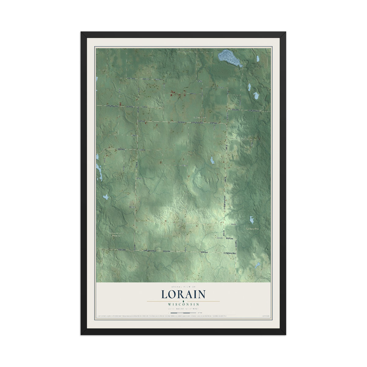 Map of Lorain, Wisconsin, 12 x 18 inch print in a black wood frame