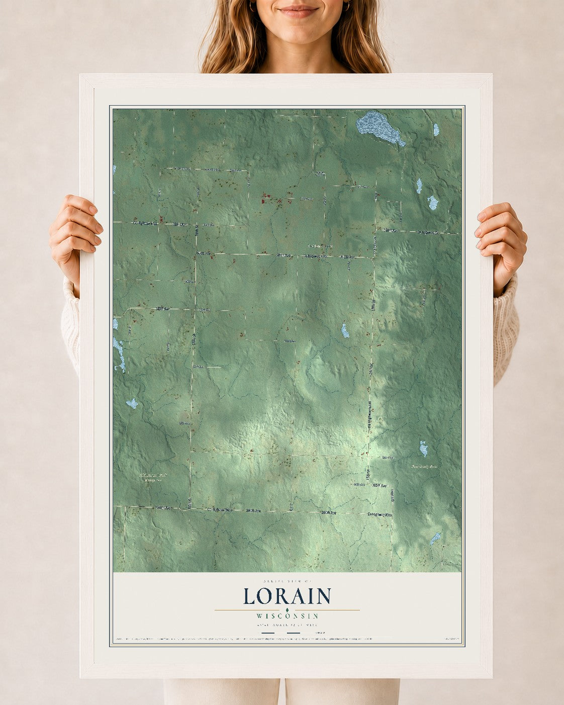Map of Lorain, Wisconsin, 24 x 36 inch print in a white wood frame