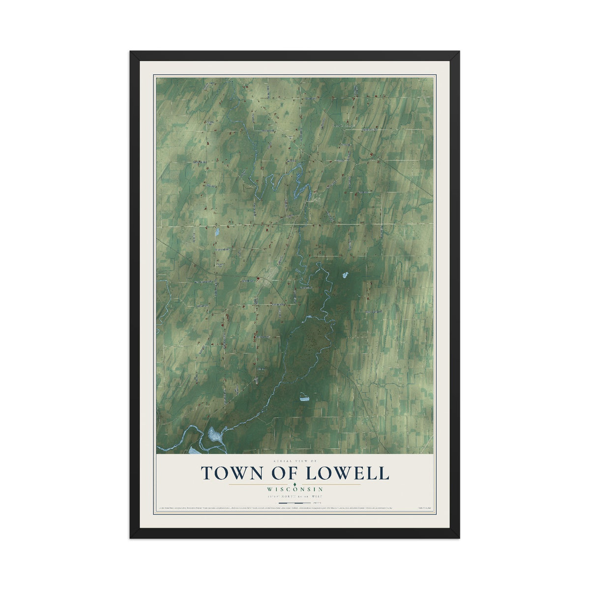 Map of the Town of Lowell, Wisconsin, 12 x 18 inch print in a black wood frame