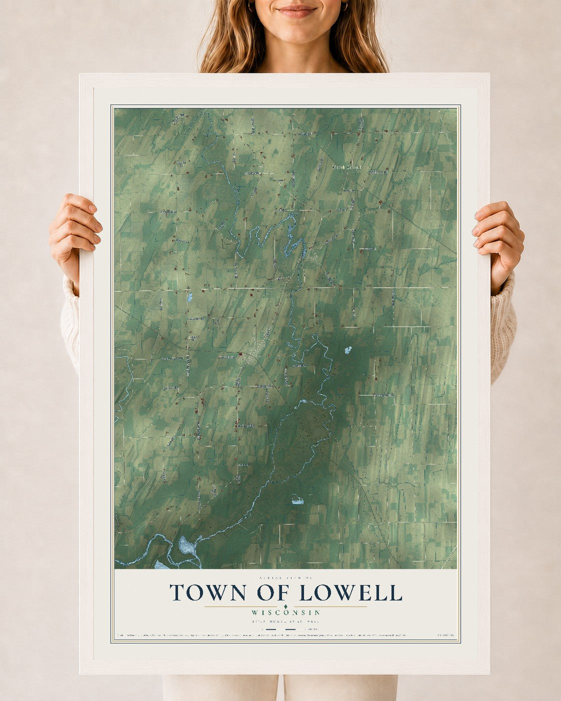 Map of the Town of Lowell, Wisconsin, 24 x 36 inch print in a white wood frame