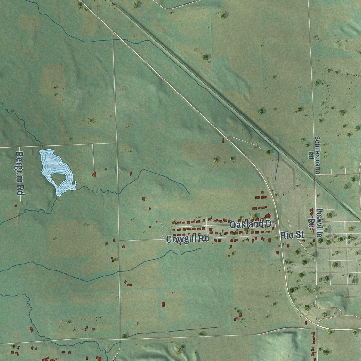 Second close-up of the map of Lowville, Wisconsin print showing more streets and buildings