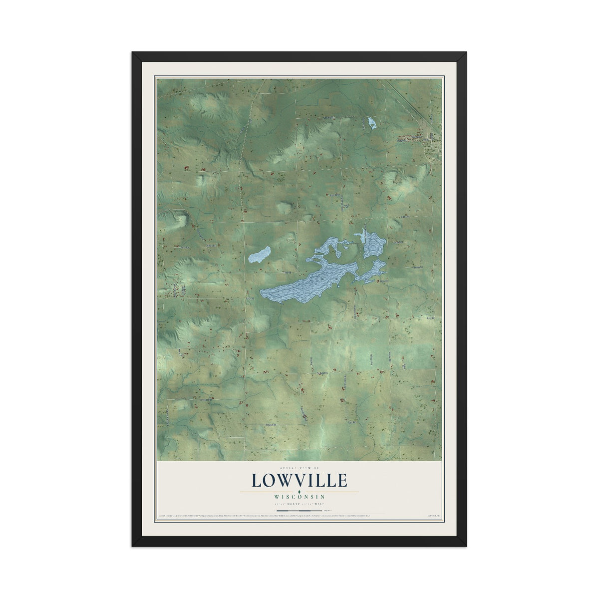 Map of Lowville, Wisconsin, 12 x 18 inch print in a black wood frame