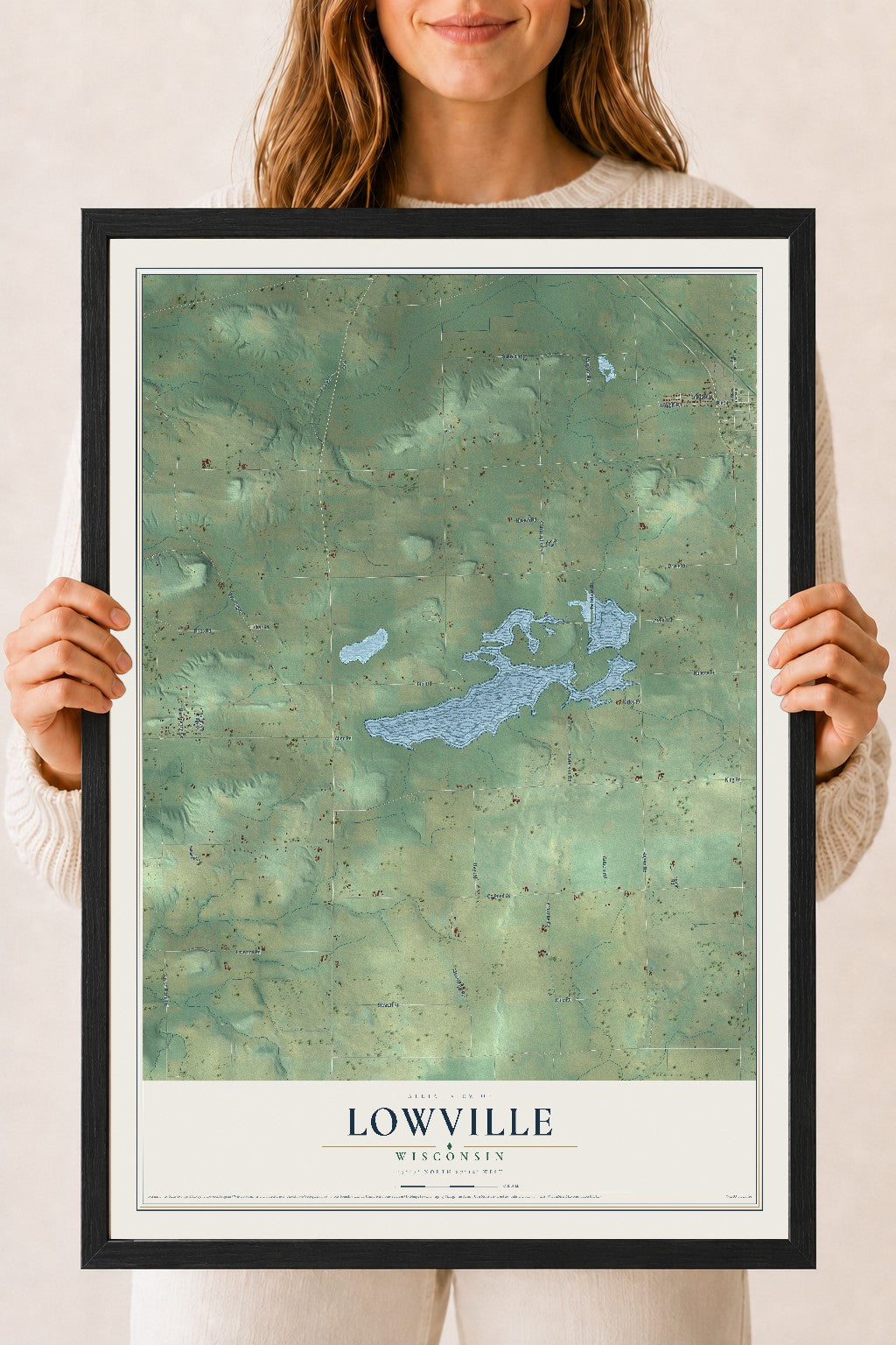 Map of Lowville, Wisconsin, 18 x 24 inch print in a black wood frame