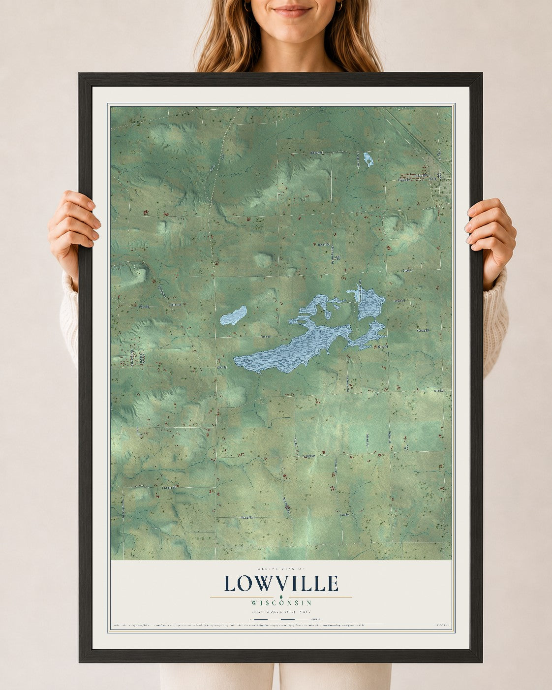Map of Lowville, Wisconsin, 24 x 36 inch print in a black wood frame