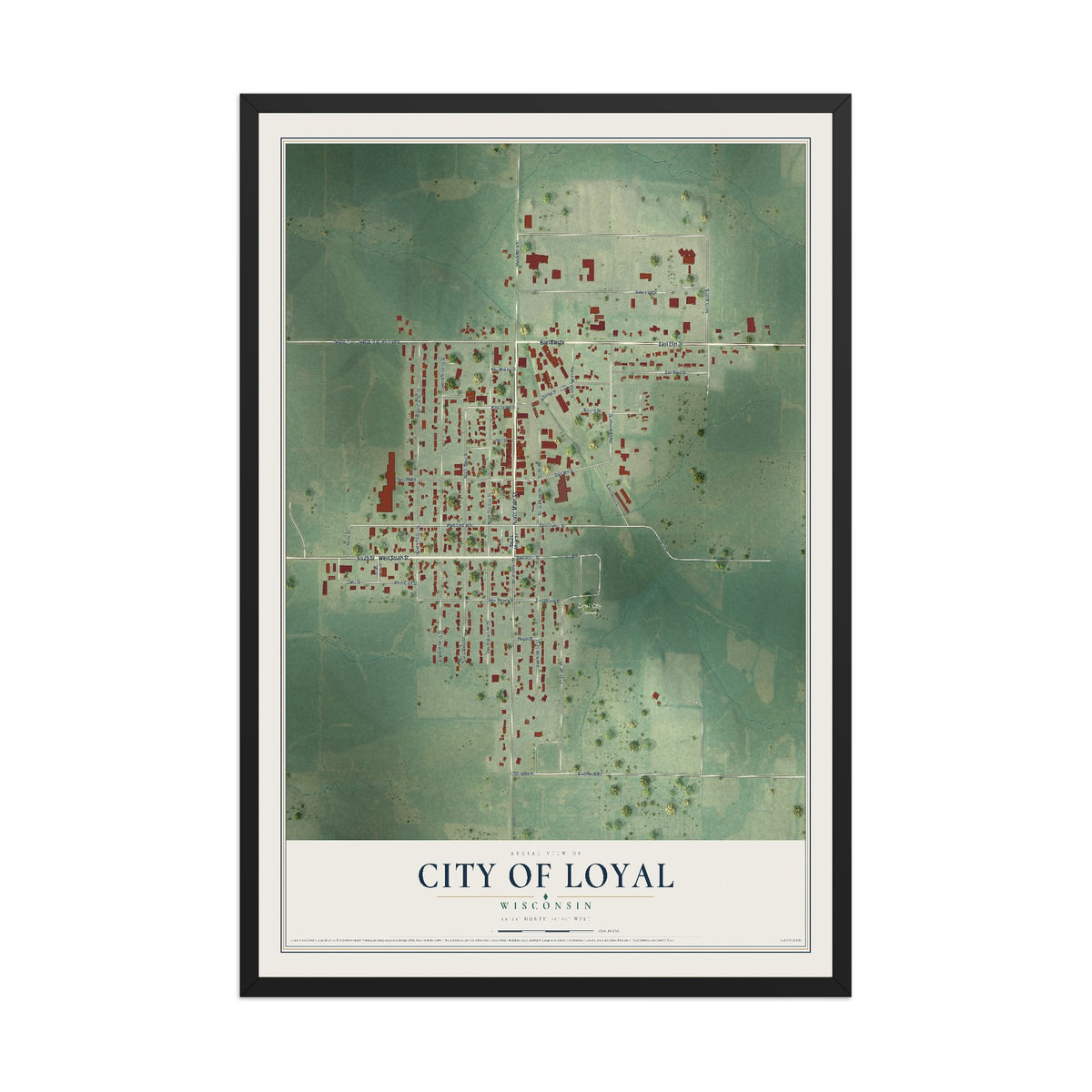 Map of Loyal, Wisconsin, 12 x 18 inch print in a black wood frame