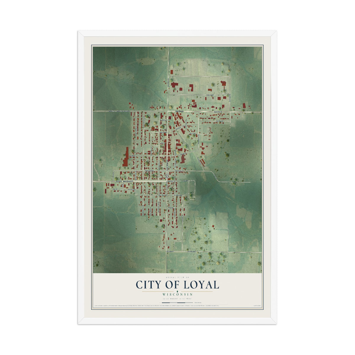 Map of Loyal, Wisconsin, 12 x 18 inch print in a white wood frame