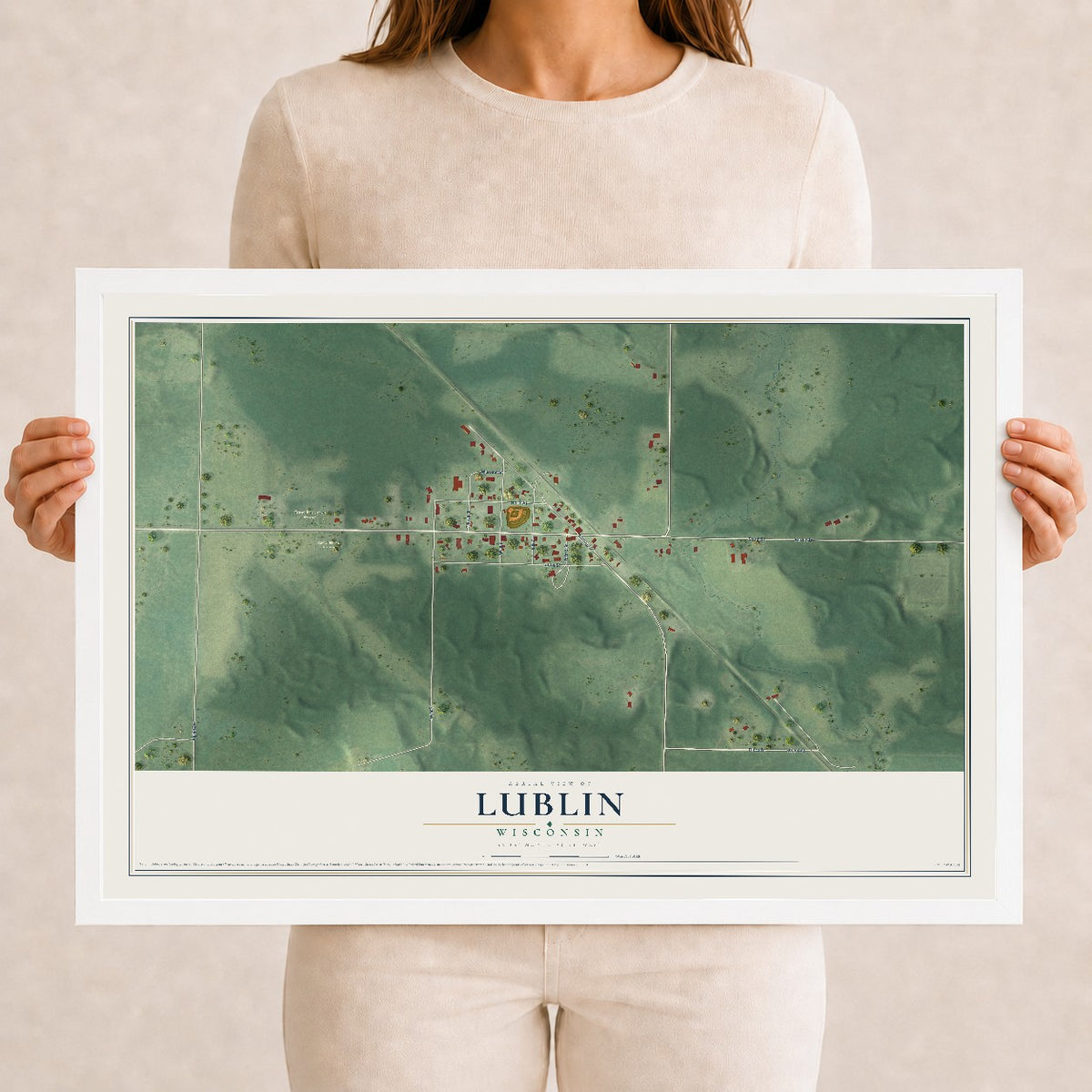 Map of Lublin, Wisconsin, 12 x 18 inch print in a white wood frame