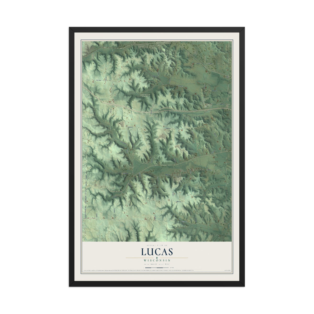 Map of Lucas, Wisconsin, 12 x 18 inch print in a black wood frame