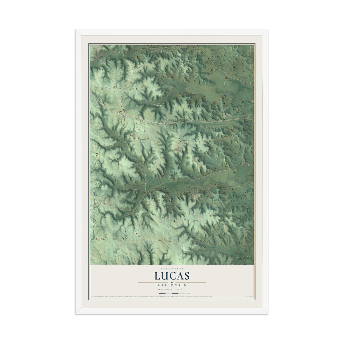 Map of Lucas, Wisconsin, 12 x 18 inch print in a white wood frame