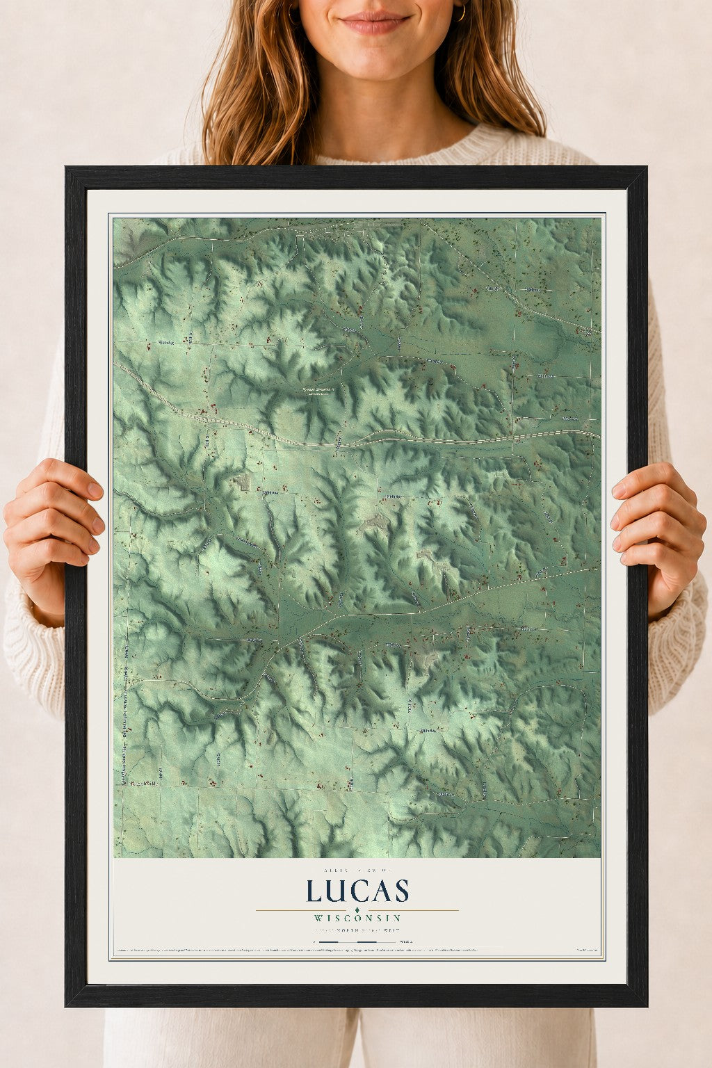 Map of Lucas, Wisconsin, 18 x 24 inch print in a black wood frame