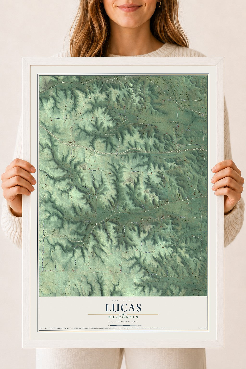 Map of Lucas, Wisconsin, 18 x 24 inch print in a white wood frame