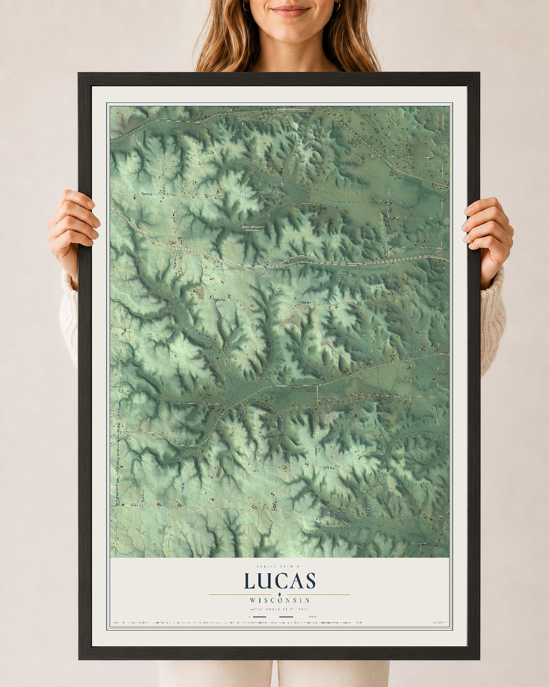 Map of Lucas, Wisconsin, 24 x 36 inch print in a black wood frame