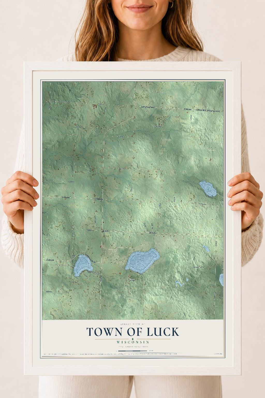 Map of the Town of Luck, Wisconsin, 18 x 24 inch print in a white wood frame