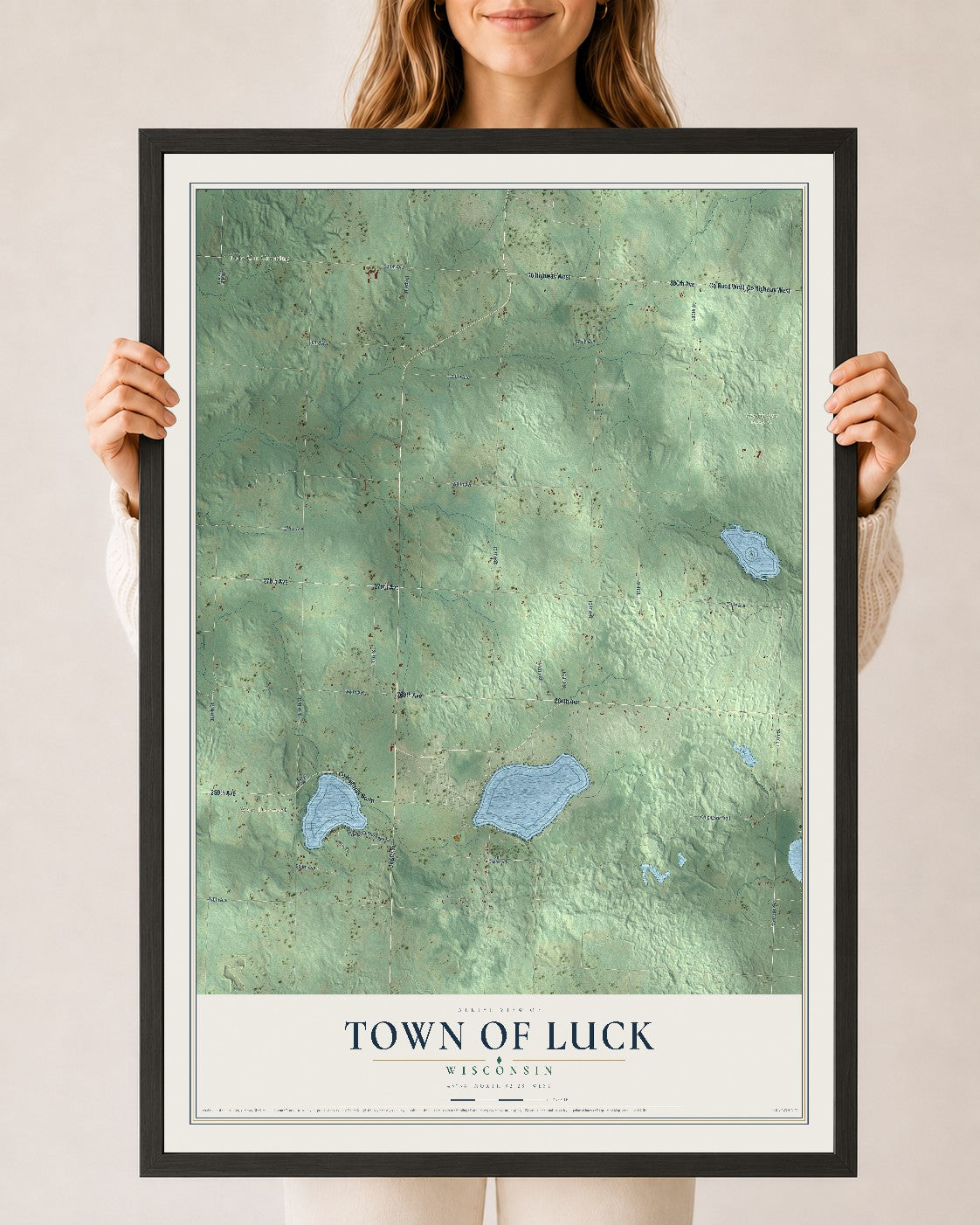 Map of the Town of Luck, Wisconsin, 24 x 36 inch print in a black wood frame