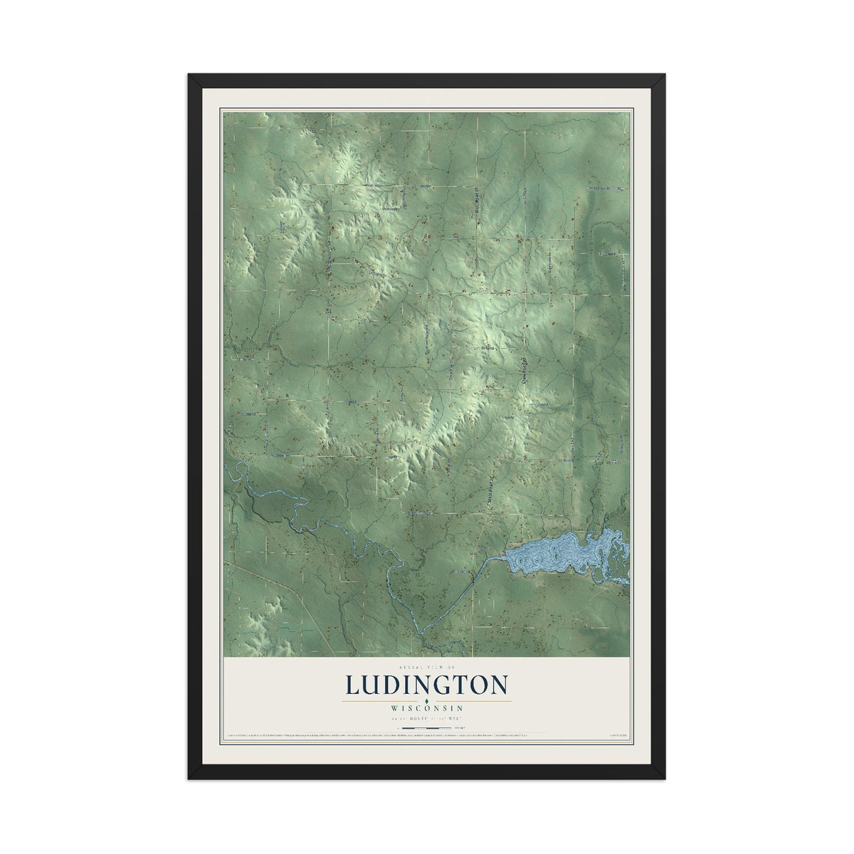 Map of Ludington, Wisconsin, 12 x 18 inch print in a black wood frame