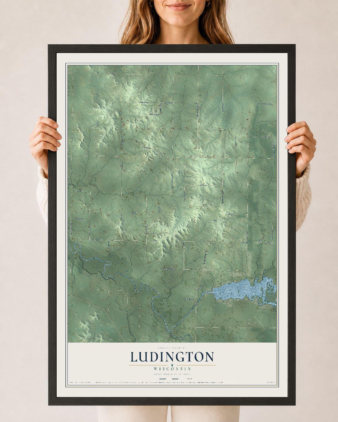 Map of Ludington, Wisconsin, 24 x 36 inch print in a black wood frame