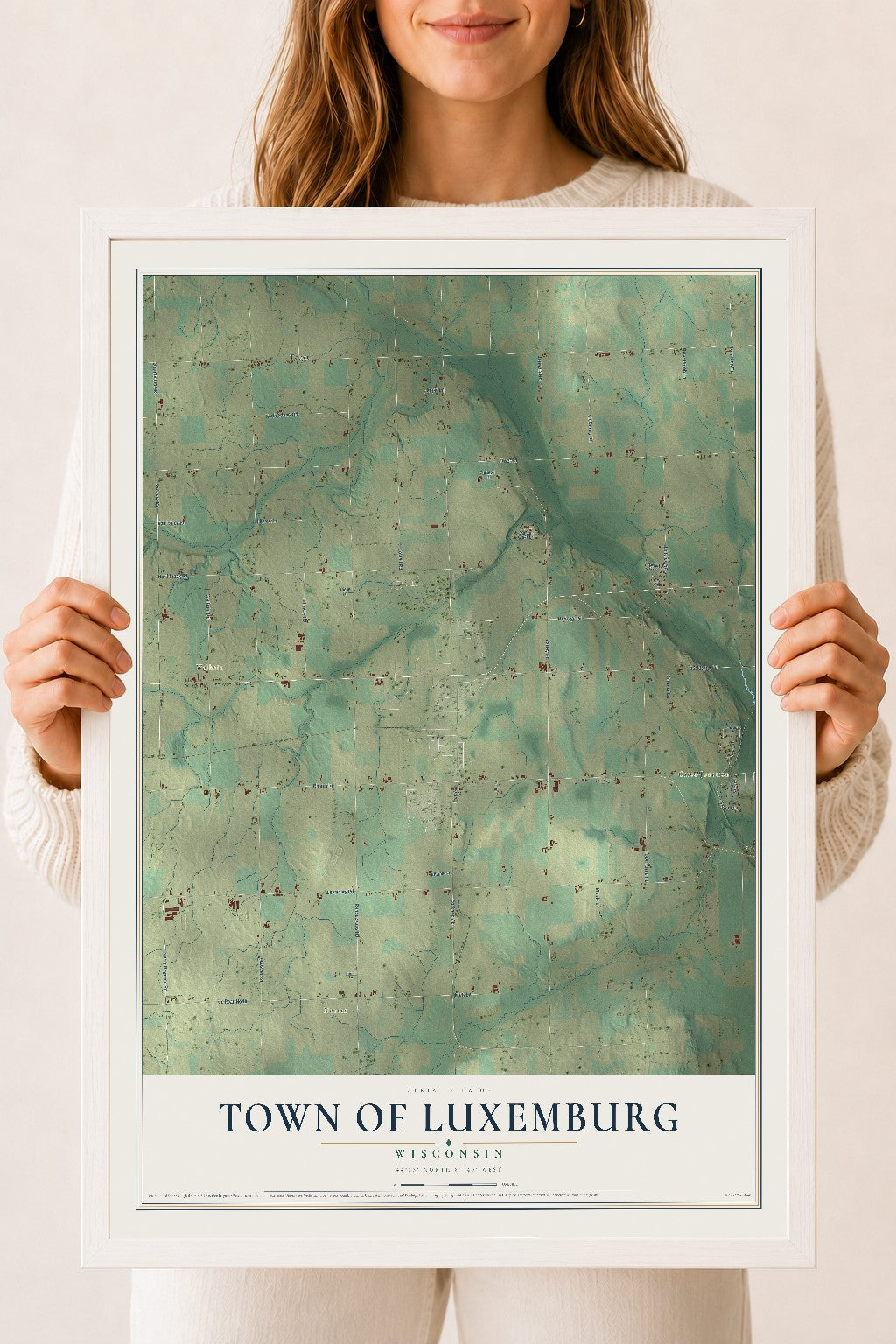 Map of the Town of Luxemburg, Wisconsin, 18 x 24 inch print in a white wood frame