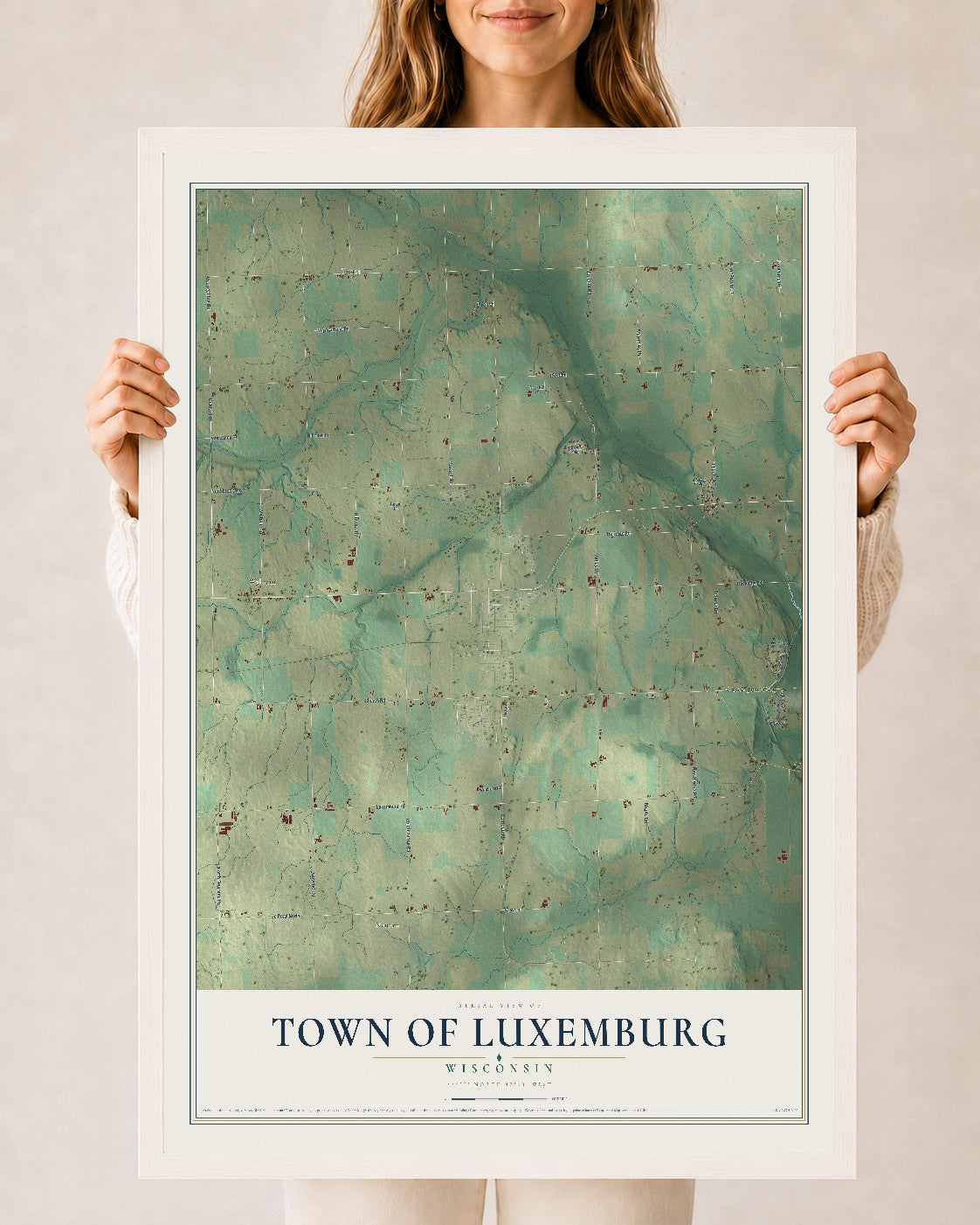 Map of the Town of Luxemburg, Wisconsin, 24 x 36 inch print in a white wood frame