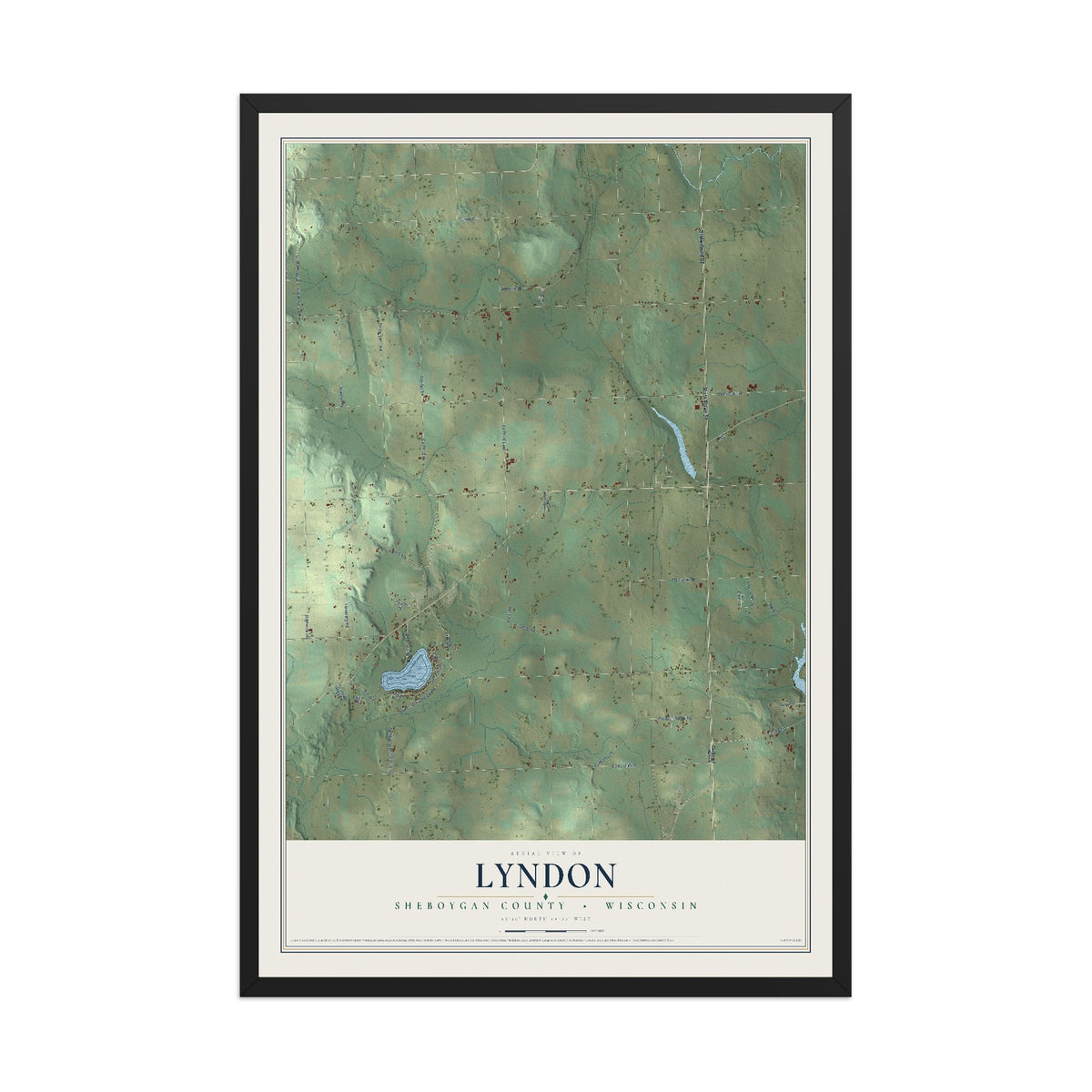 Map of Lyndon, Sheboygan County, Wisconsin, 12 x 18 inch print in a black wood frame