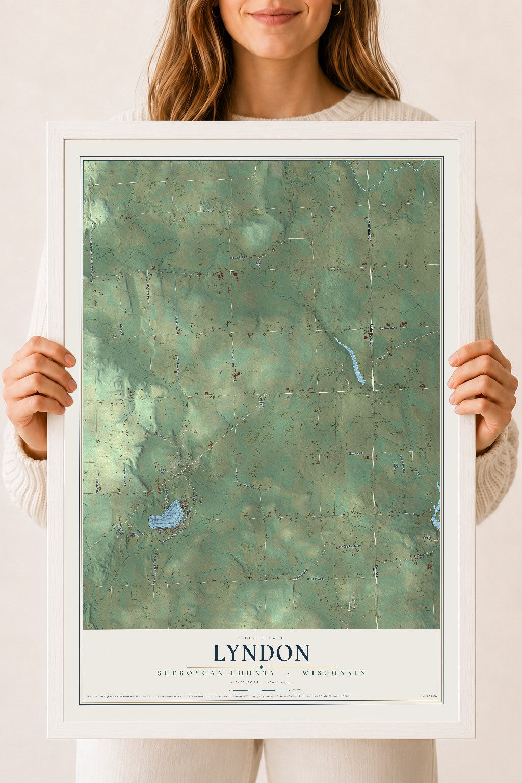 Map of Lyndon, Sheboygan County, Wisconsin, 18 x 24 inch print in a white wood frame