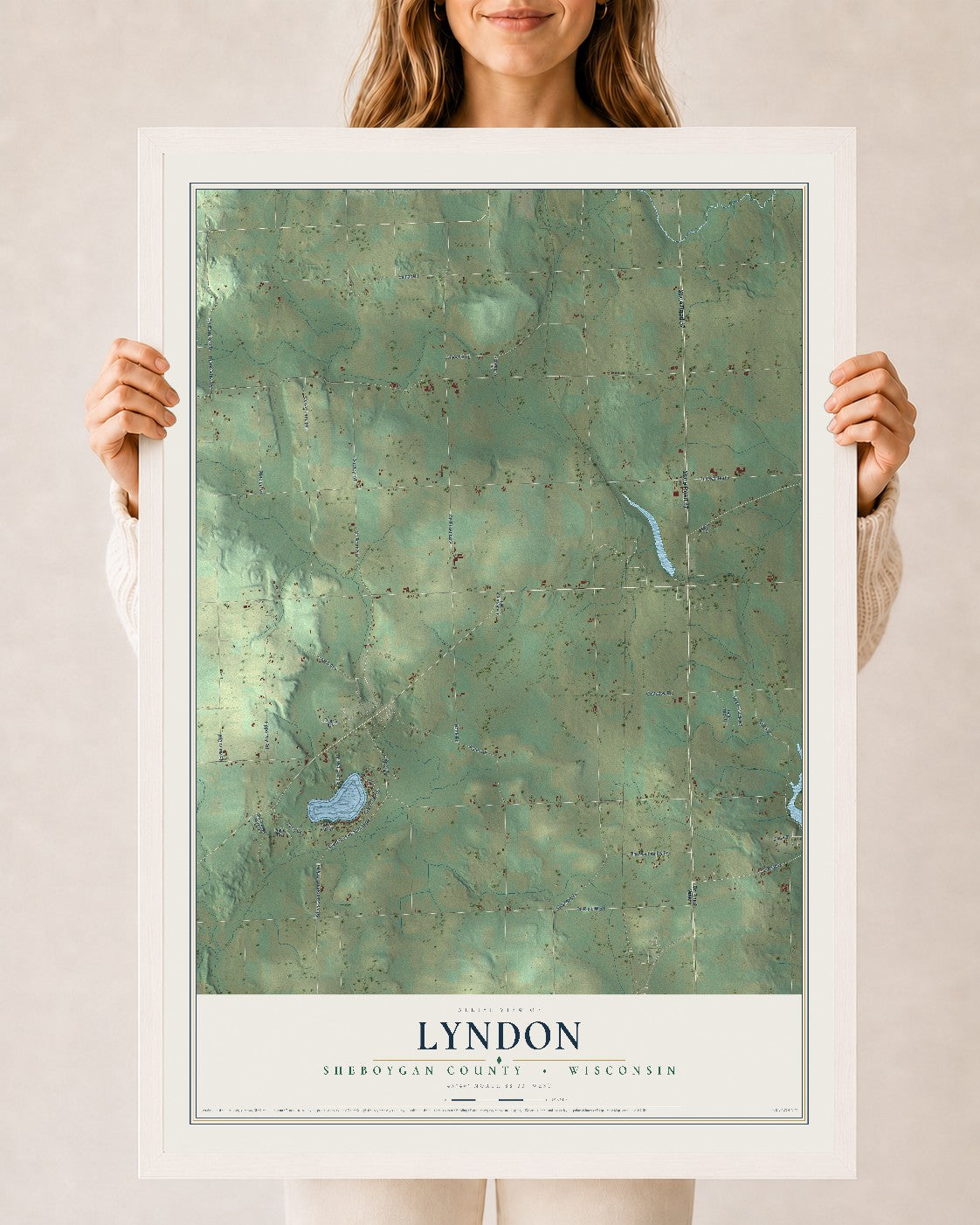 Map of Lyndon, Sheboygan County, Wisconsin, 24 x 36 inch print in a white wood frame