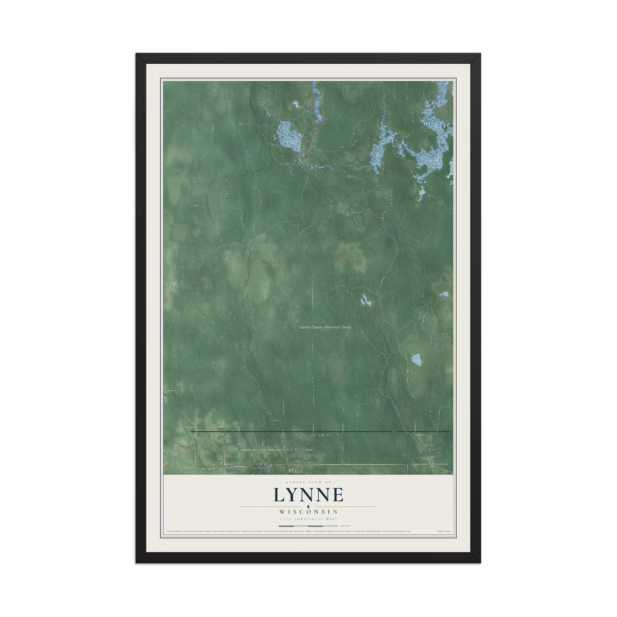 Map of Lynne, Wisconsin, 12 x 18 inch print in a black wood frame
