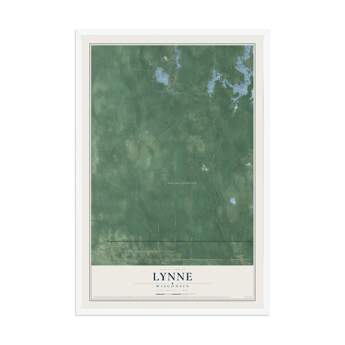 Map of Lynne, Wisconsin, 12 x 18 inch print in a white wood frame