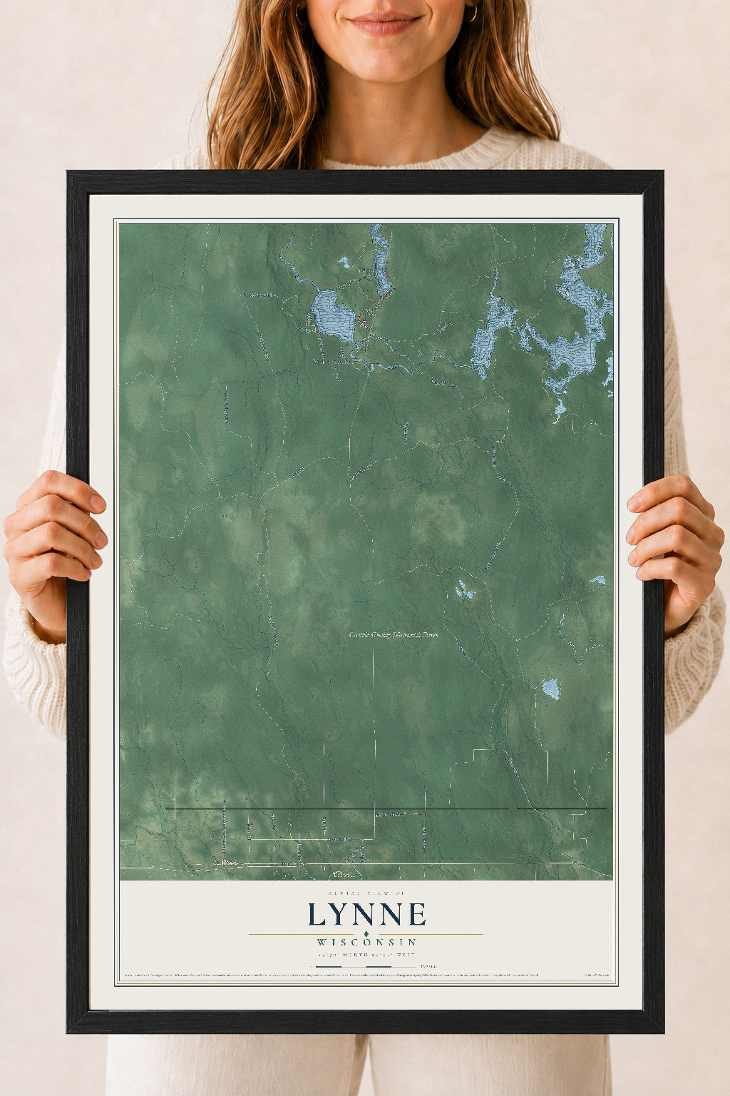 Map of Lynne, Wisconsin, 18 x 24 inch print in a black wood frame