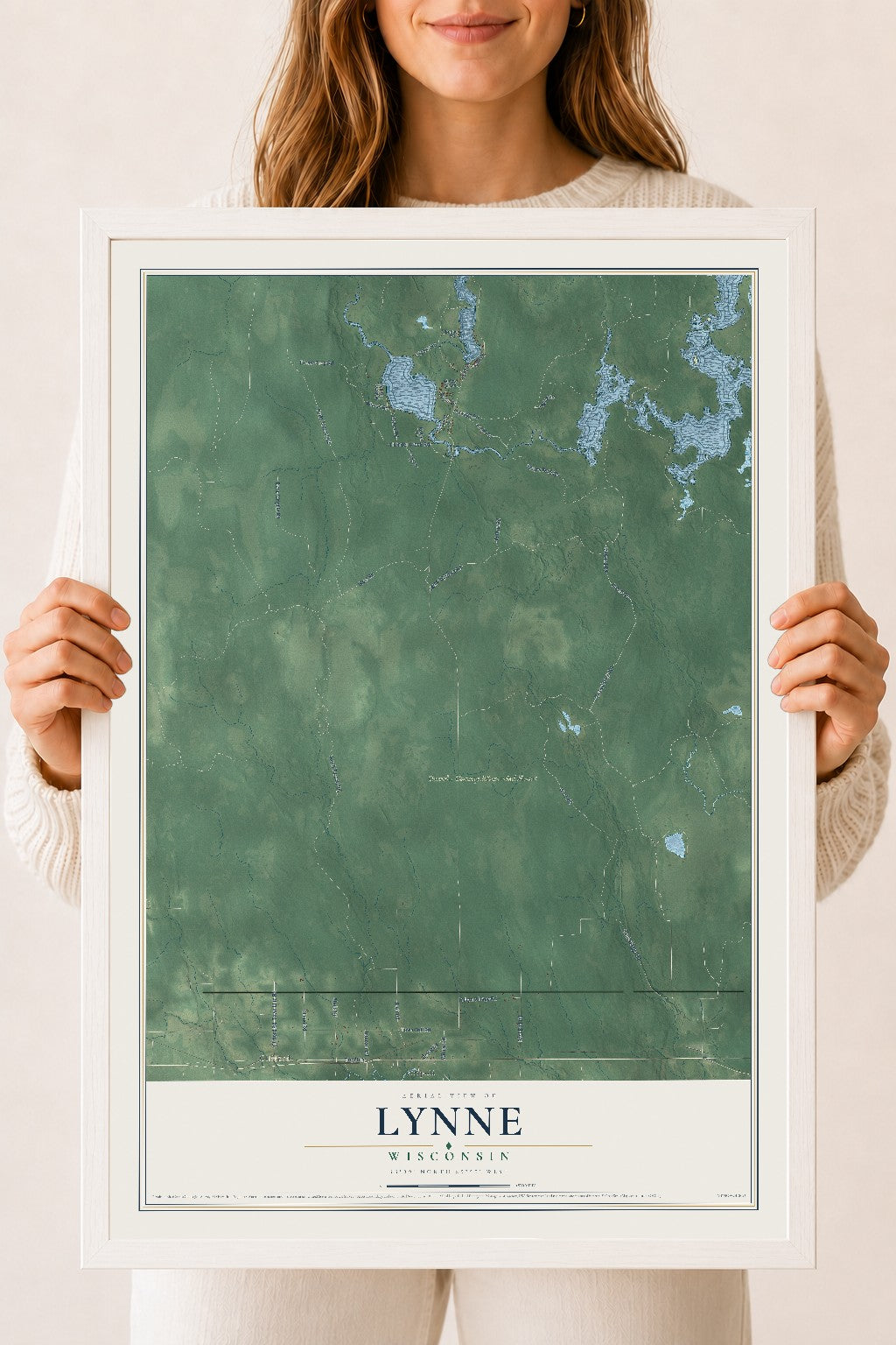 Map of Lynne, Wisconsin, 18 x 24 inch print in a white wood frame