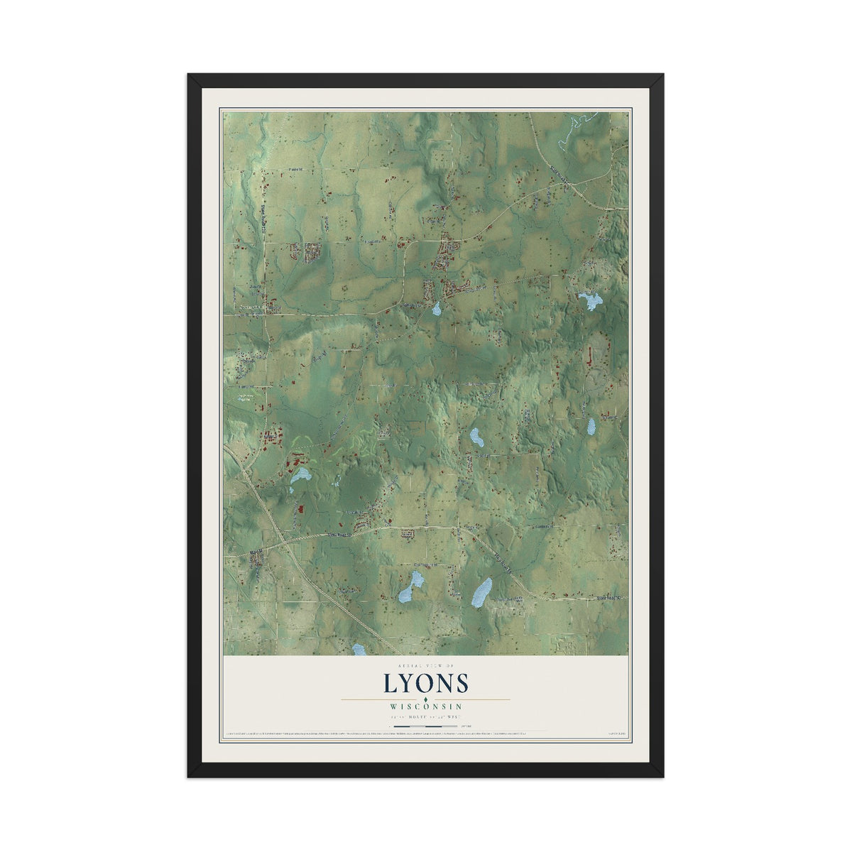 Map of Lyons, Wisconsin, 12 x 18 inch print in a black wood frame