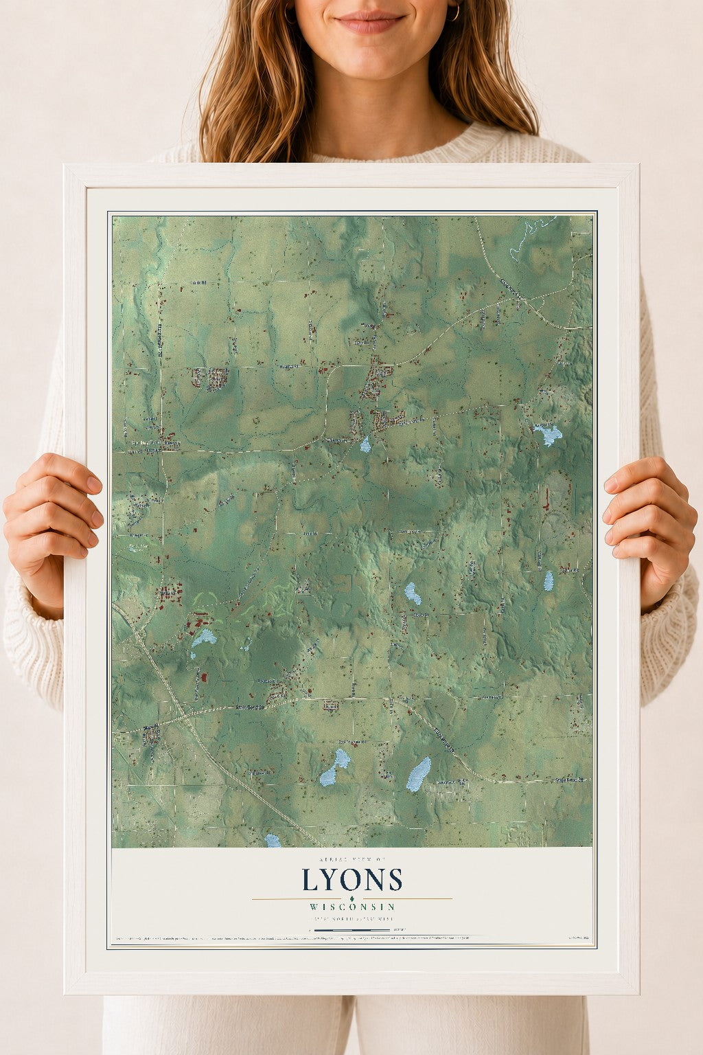Map of Lyons, Wisconsin, 18 x 24 inch print in a white wood frame