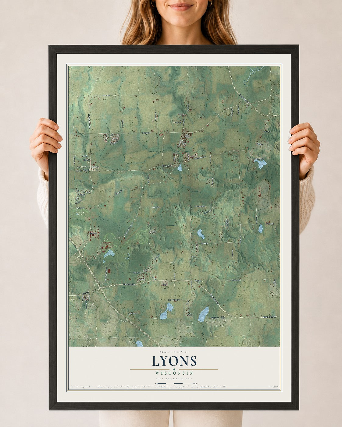 Map of Lyons, Wisconsin, 24 x 36 inch print in a black wood frame