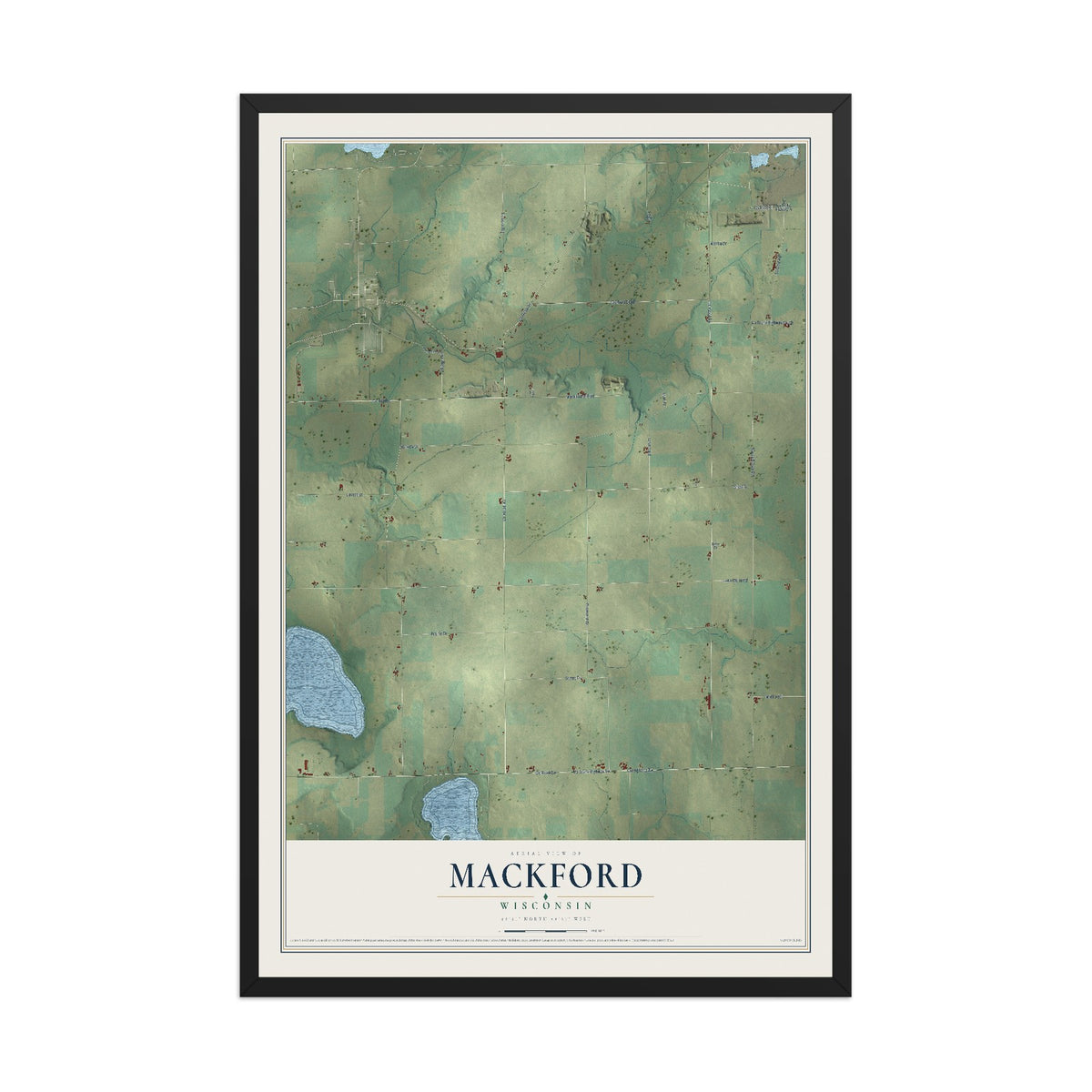Map of Mackford, Wisconsin, 12 x 18 inch print in a black wood frame