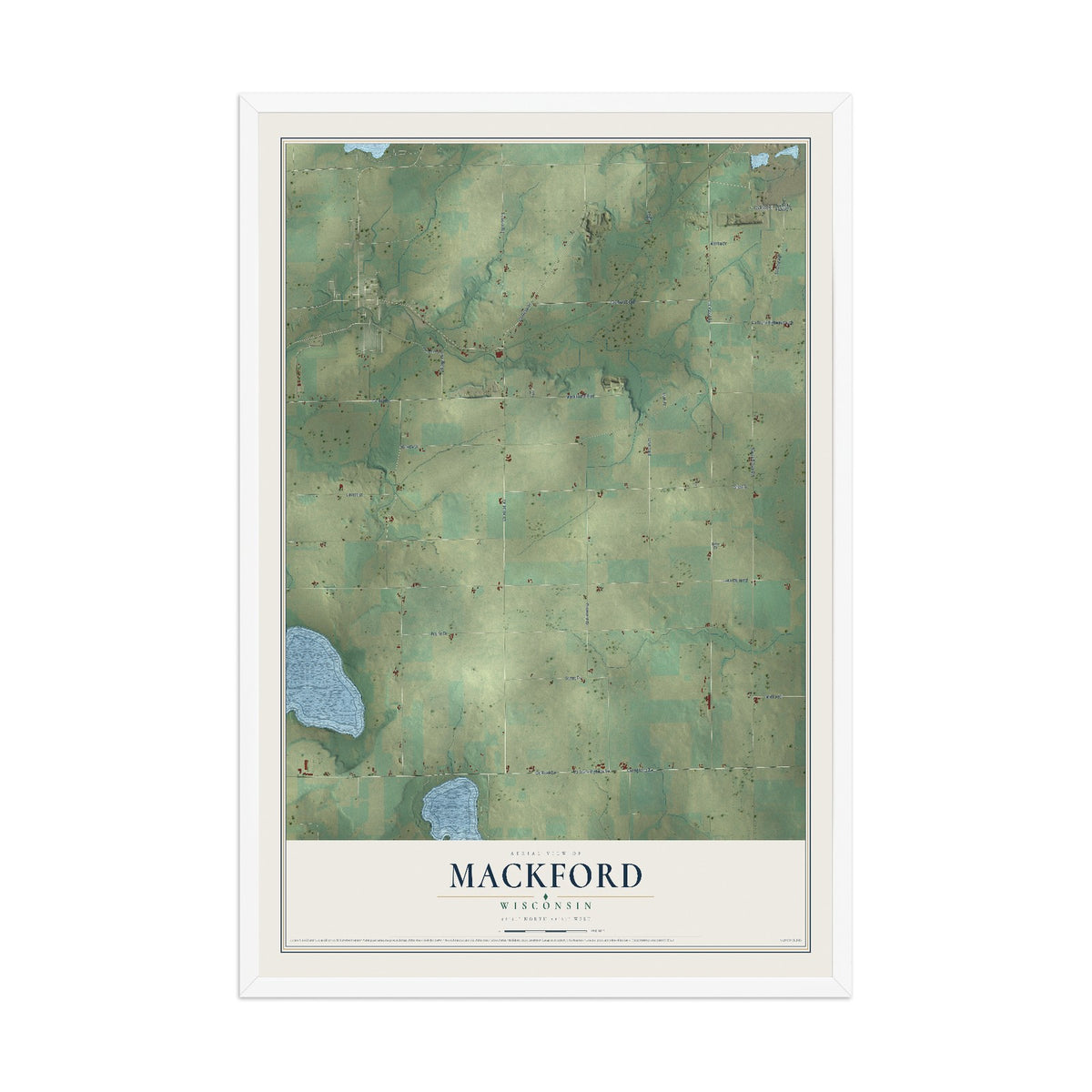 Map of Mackford, Wisconsin, 12 x 18 inch print in a white wood frame