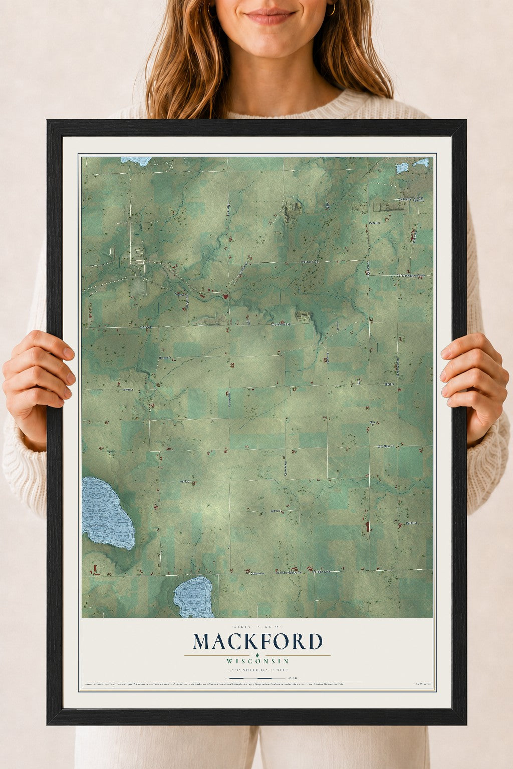 Map of Mackford, Wisconsin, 18 x 24 inch print in a black wood frame