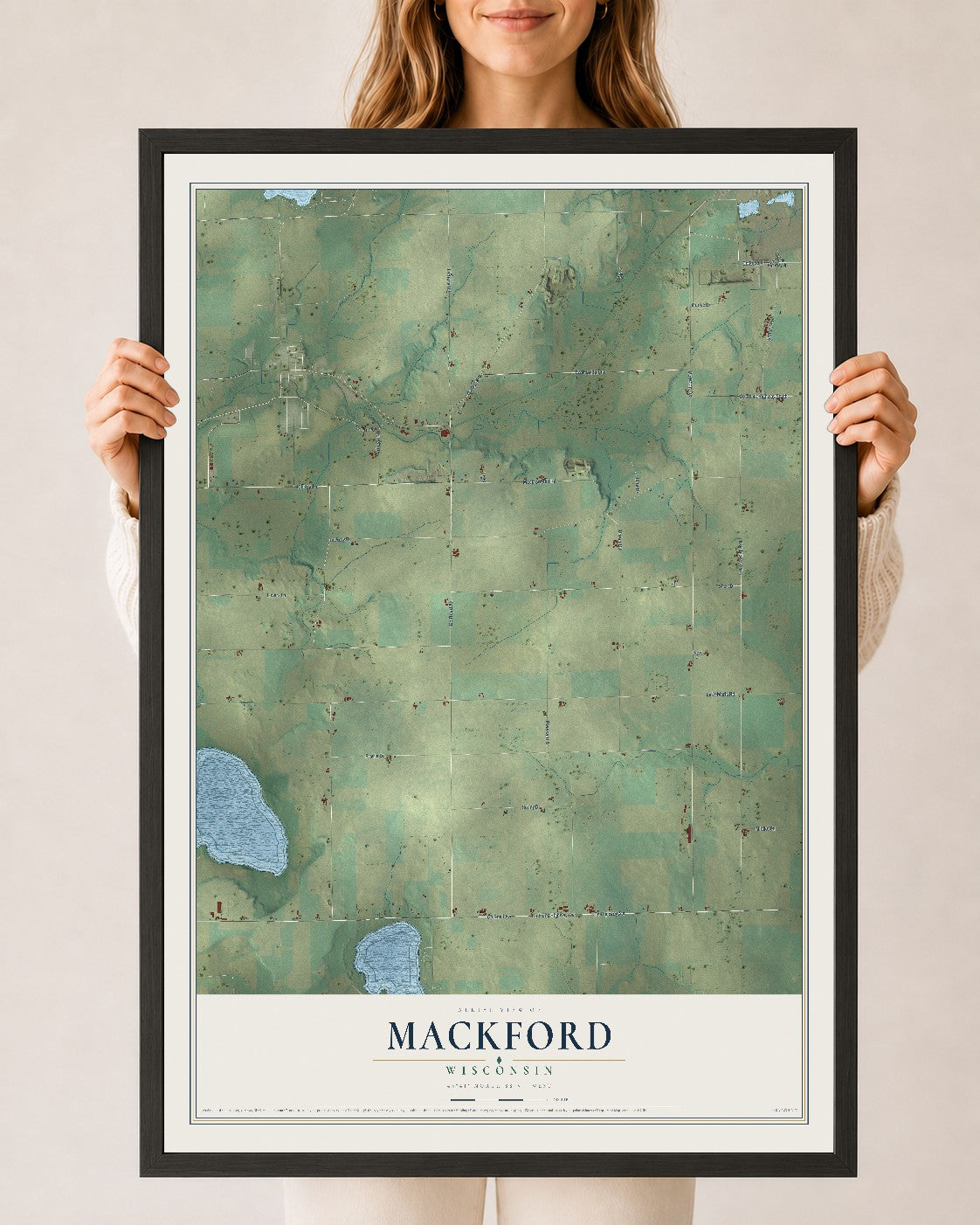 Map of Mackford, Wisconsin, 24 x 36 inch print in a black wood frame
