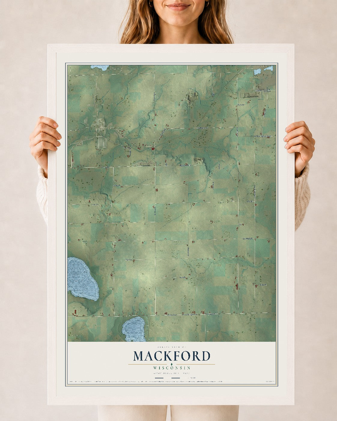 Map of Mackford, Wisconsin, 24 x 36 inch print in a white wood frame