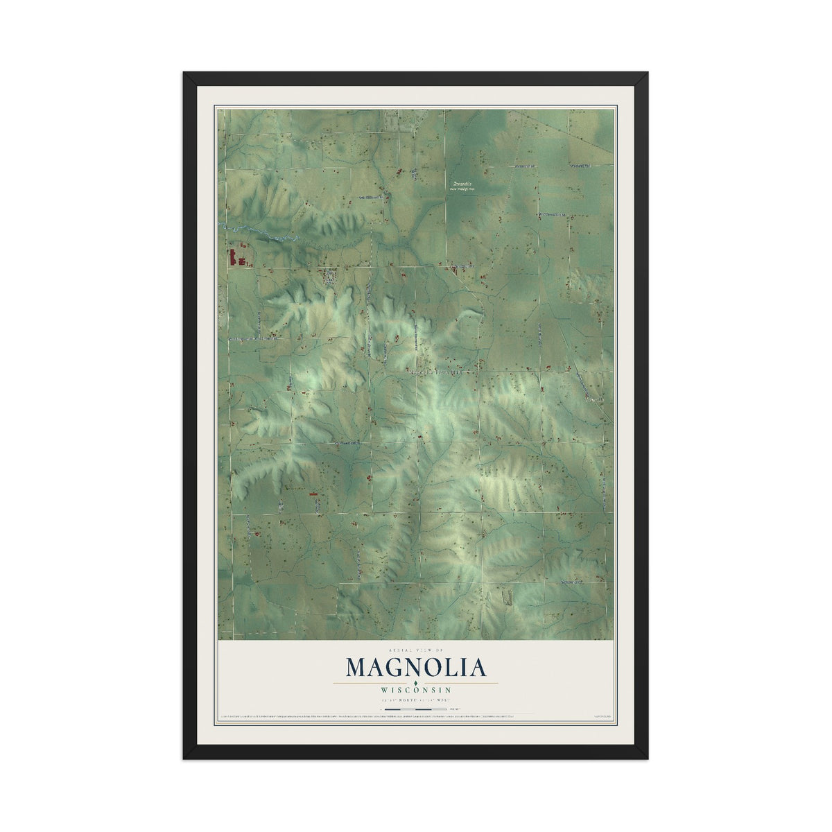 Map of Magnolia, Wisconsin, 12 x 18 inch print in a black wood frame