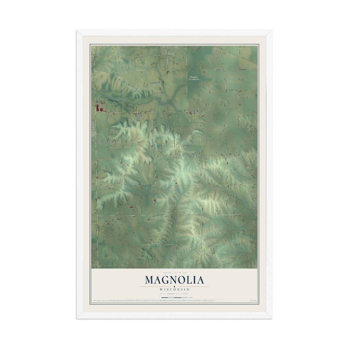 Map of Magnolia, Wisconsin, 12 x 18 inch print in a white wood frame