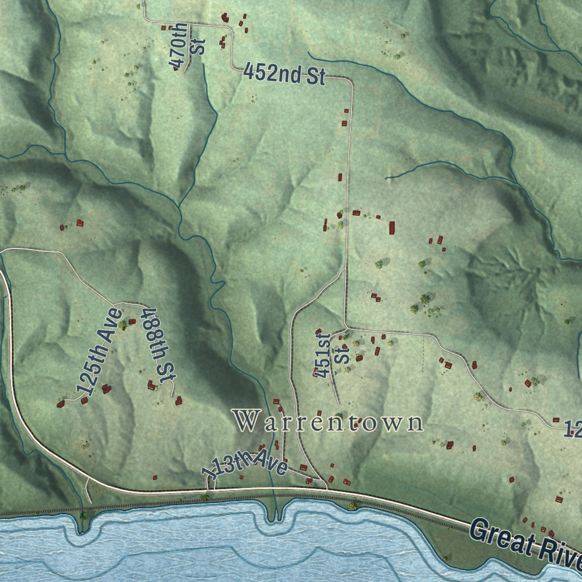 Second close-up of the map of the Town of Maiden Rock, Wisconsin print showing more streets and buildings