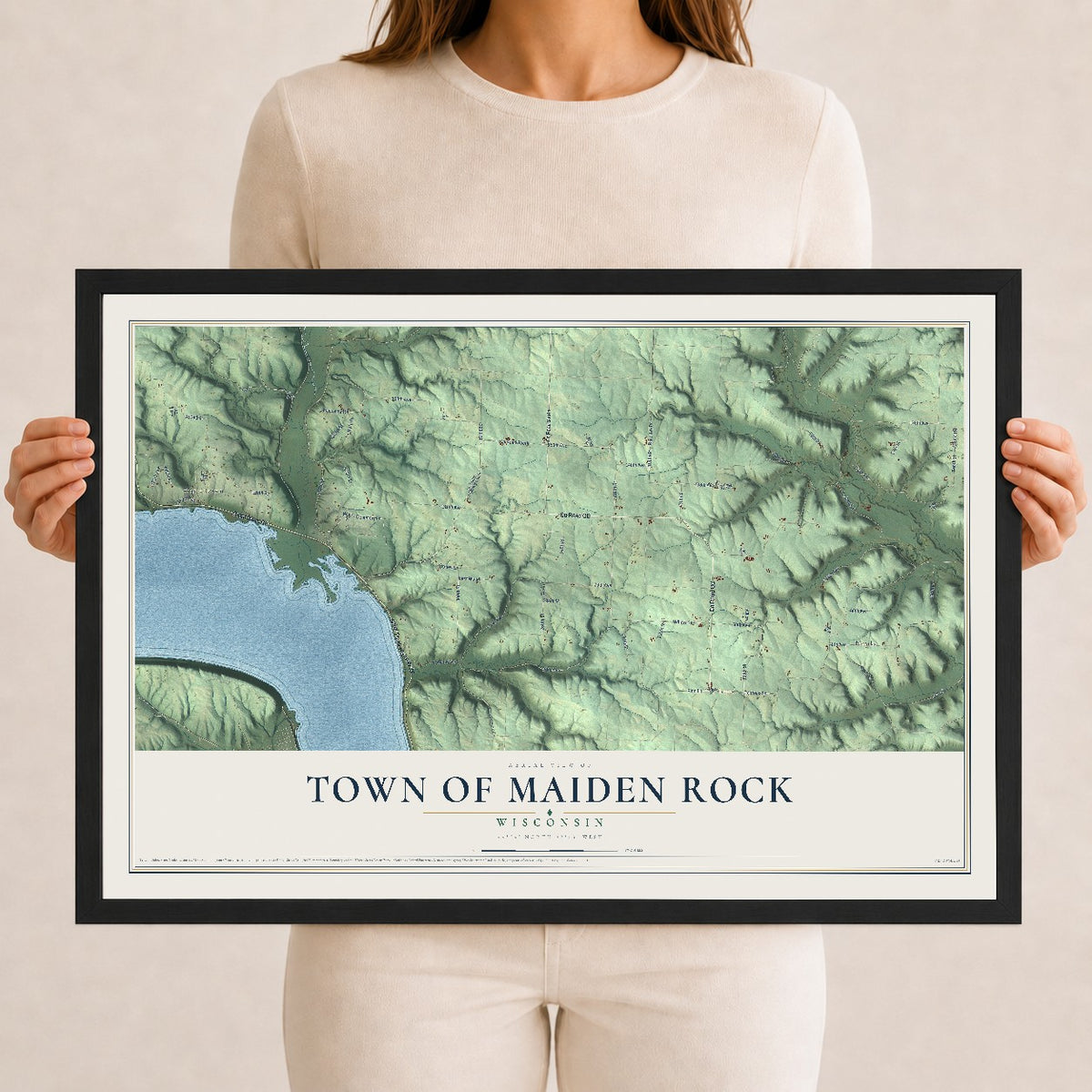 Map of the Town of Maiden Rock, Wisconsin, 12 x 18 inch print in a black wood frame