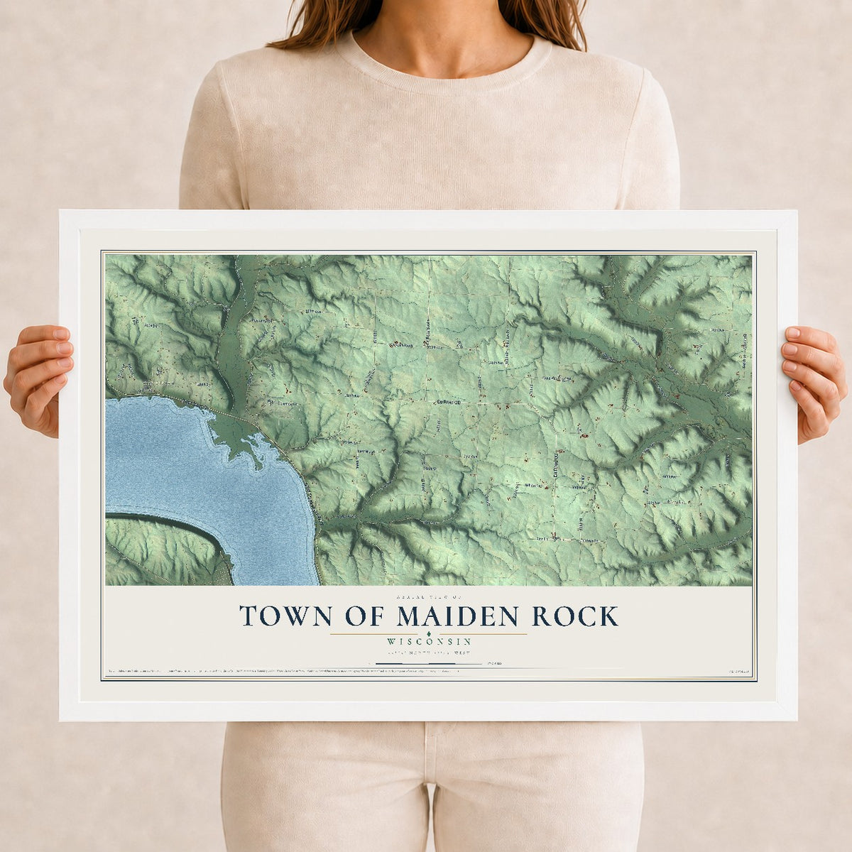 Map of the Town of Maiden Rock, Wisconsin, 12 x 18 inch print in a white wood frame