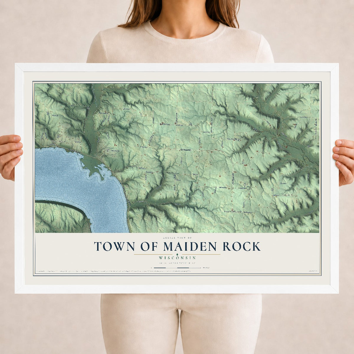 Map of the Town of Maiden Rock, Wisconsin, 18 x 24 inch print in a white wood frame