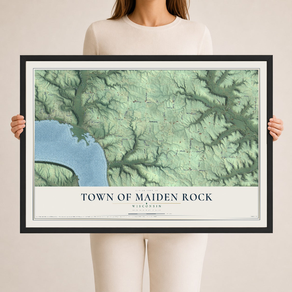 Map of the Town of Maiden Rock, Wisconsin, 24 x 36 inch print in a black wood frame